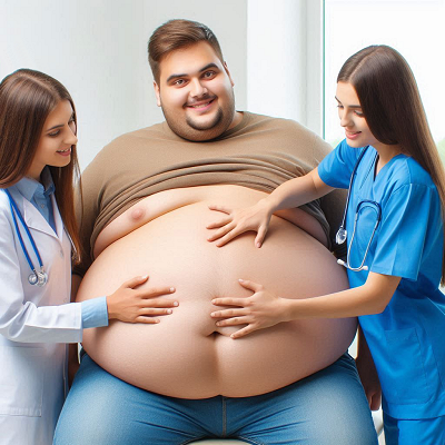 Ein dicker Mann wird von Krankenschwestern untersucht.